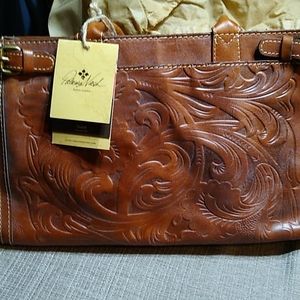 Patricia Nash tan tooled satchel. NWT. Dust cover included